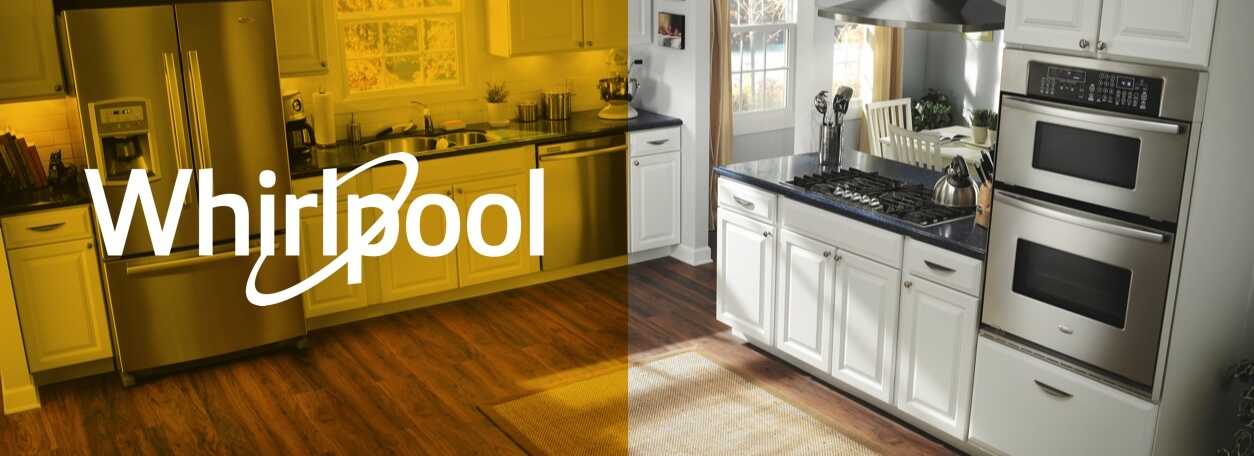 Whirlpool logo with modern kitchen appliances